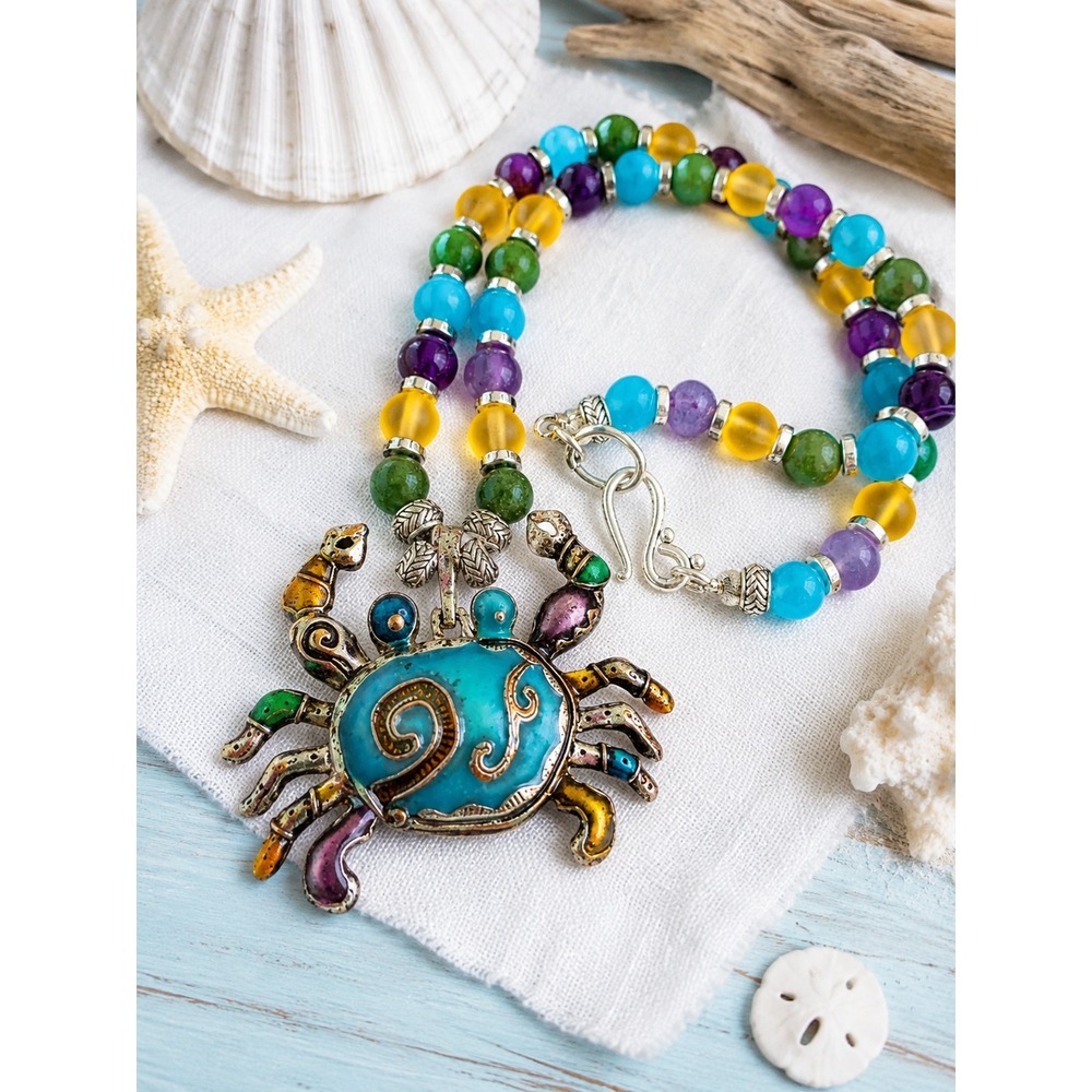 Handmade Crab Necklace Coastal Maximalist Mermaidcore‎ Colorful Beaded Statement